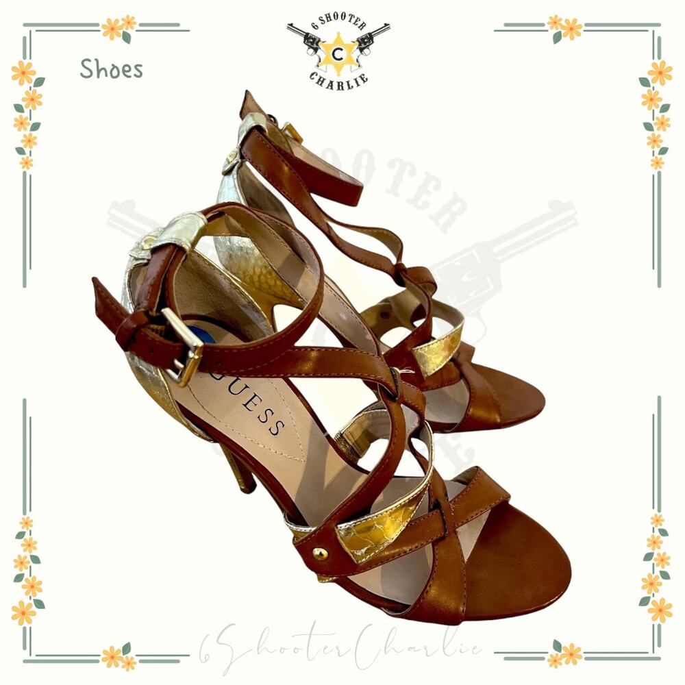 Guess Stiletto Womens Brown and Gold Snakeskin Heels Ankle Strap Size 6.5